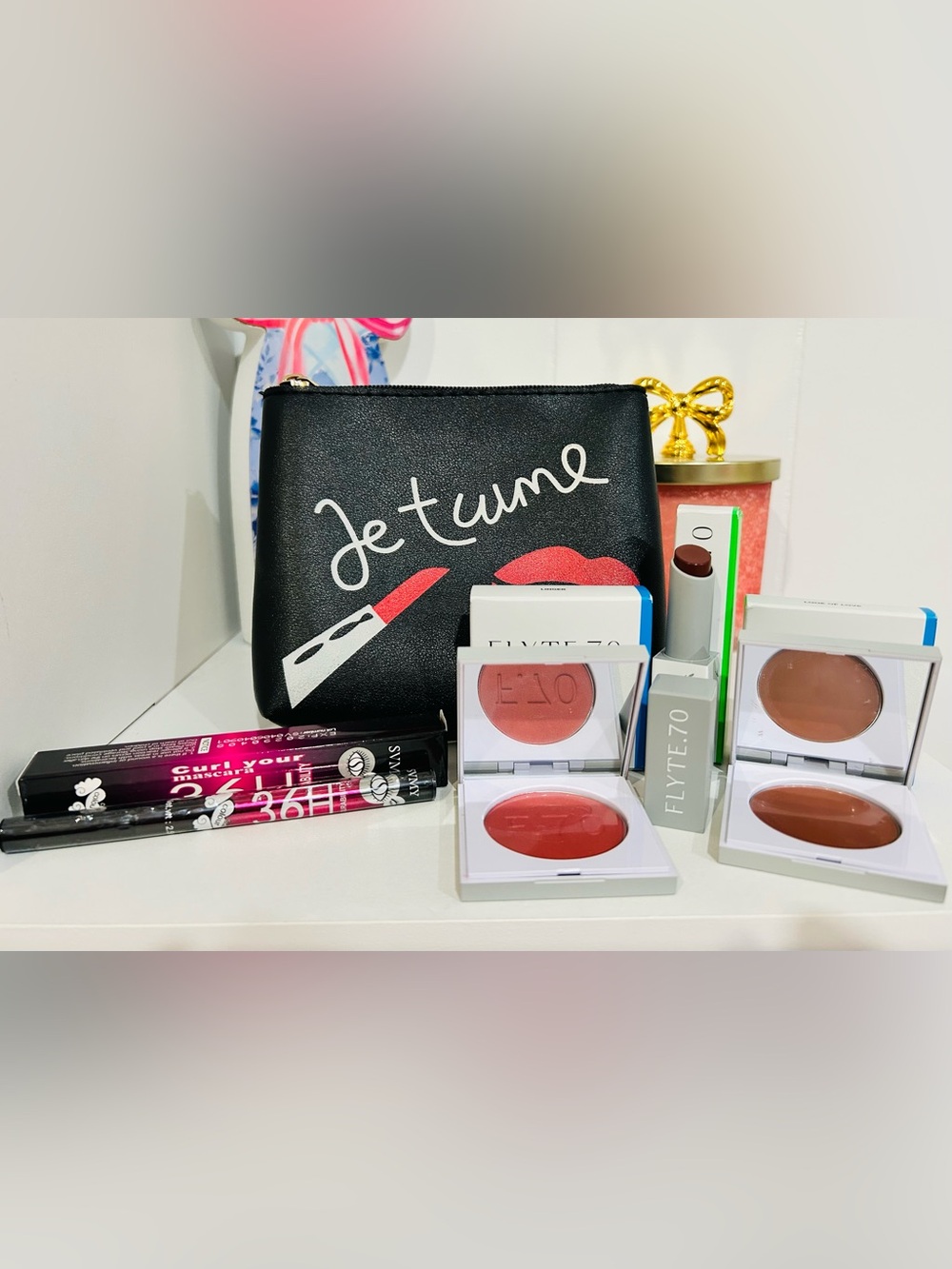 FLYTE.70 Pink Cream Blush & Lip Duo with Cosmetic Pouch, Mascara and Eyeliner
